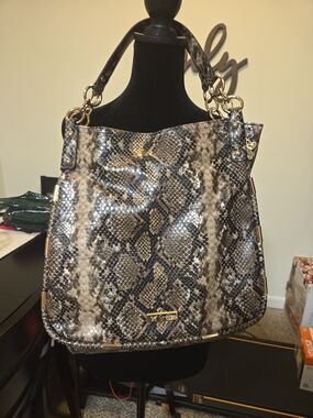 Jessica Simpson Black and Gray Snake-Print Shoulder Bag with Gold Hardware